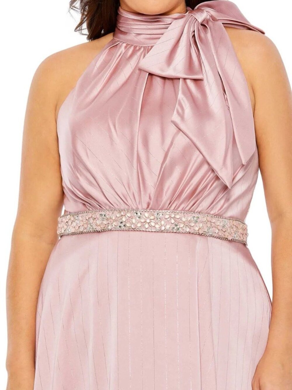Mac Duggal Size 16 W Pink Evening Gown Formal Maxi Dress Halter Beaded Waist NWT - Picture 3 of 12